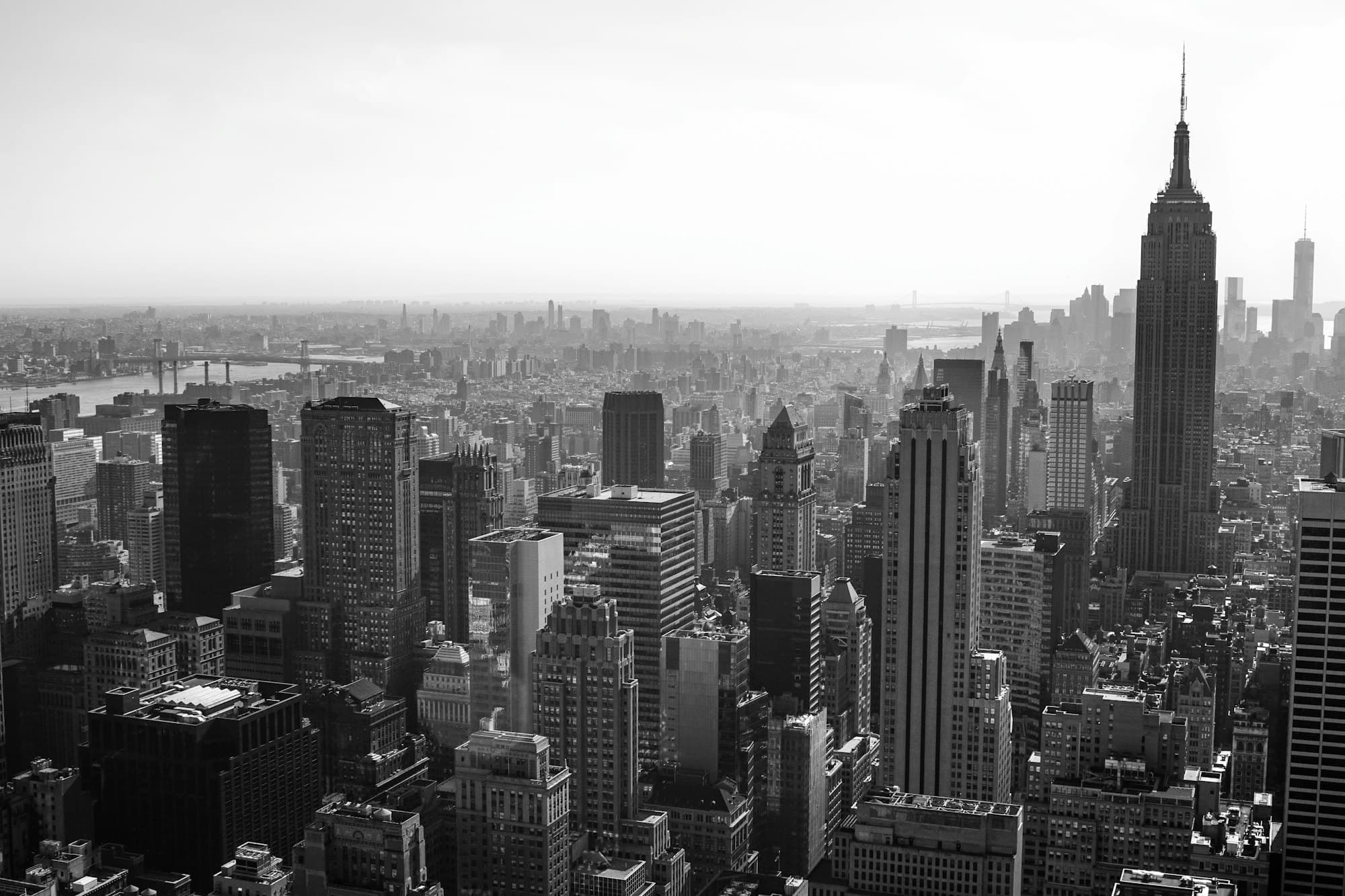 Aerial view of a dense commercial district at dusk