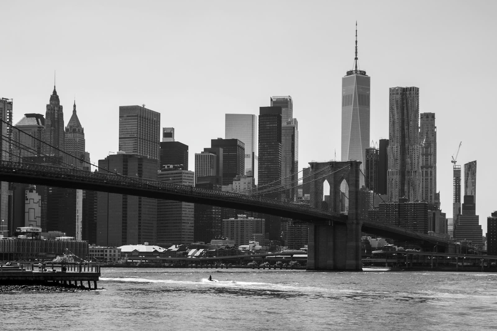 City skyline across a bridge